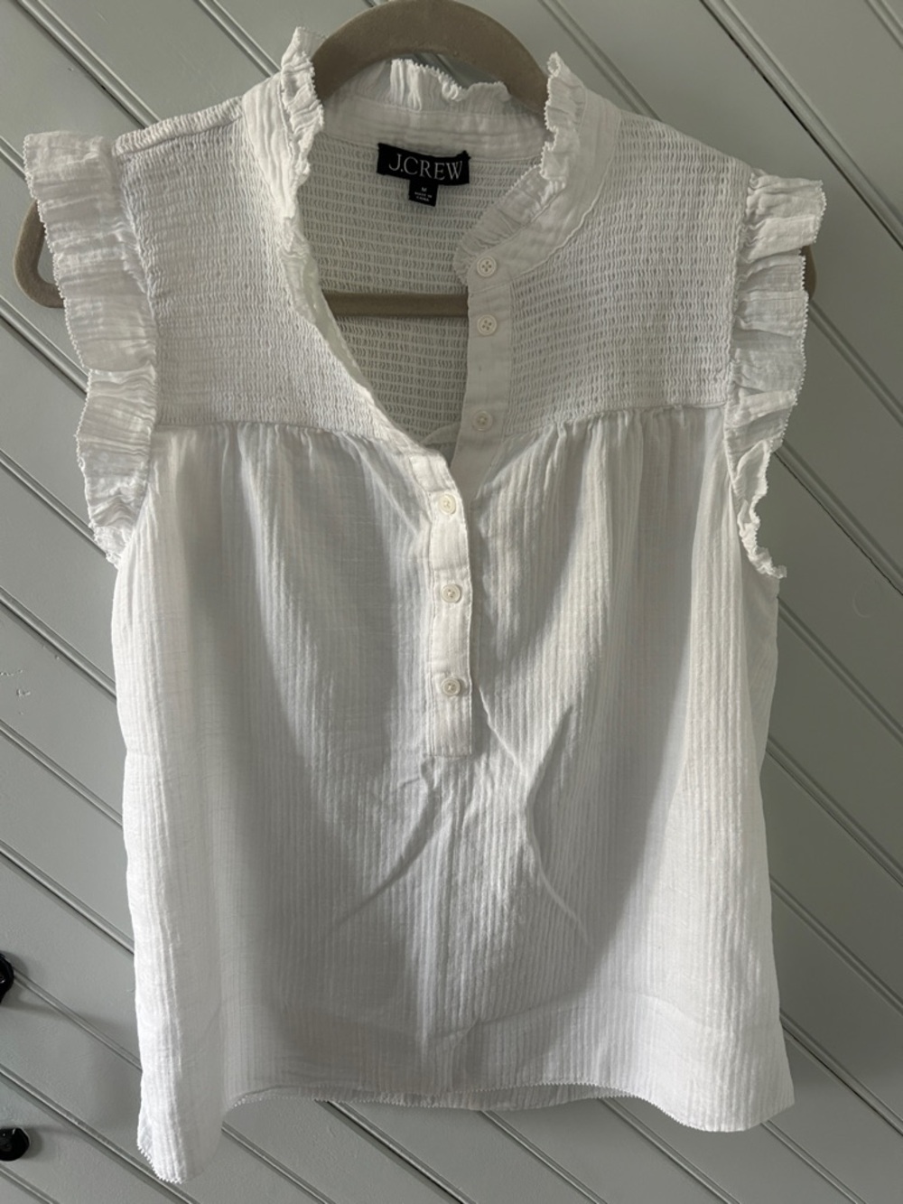 J. Crew White Ruffle Cap-Sleeve Buttoned Blouse